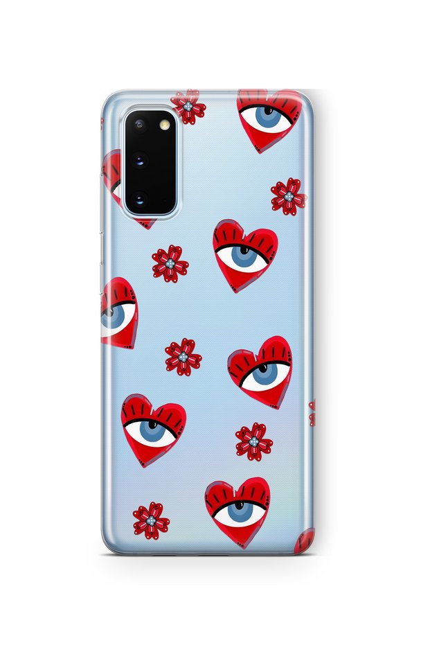 Samsung Galaxy S20 Compatible Transparent Phone Case with Heart and Evil Eye Pattern