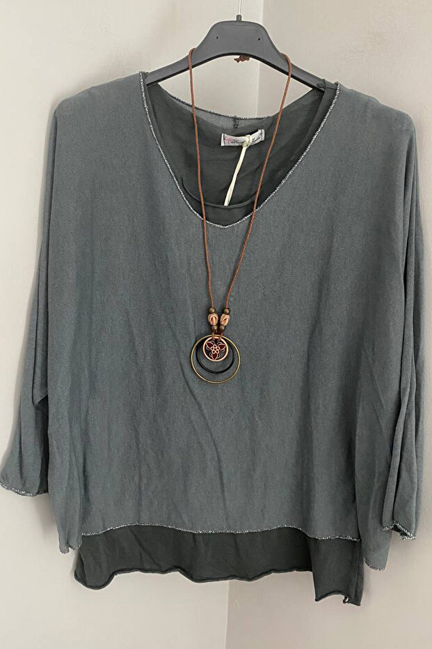 Women's Italian Grey Color Plain Pattern Collared Cotton Combed Sleeveless Inner Knitwear Blouse 2-Piece Set