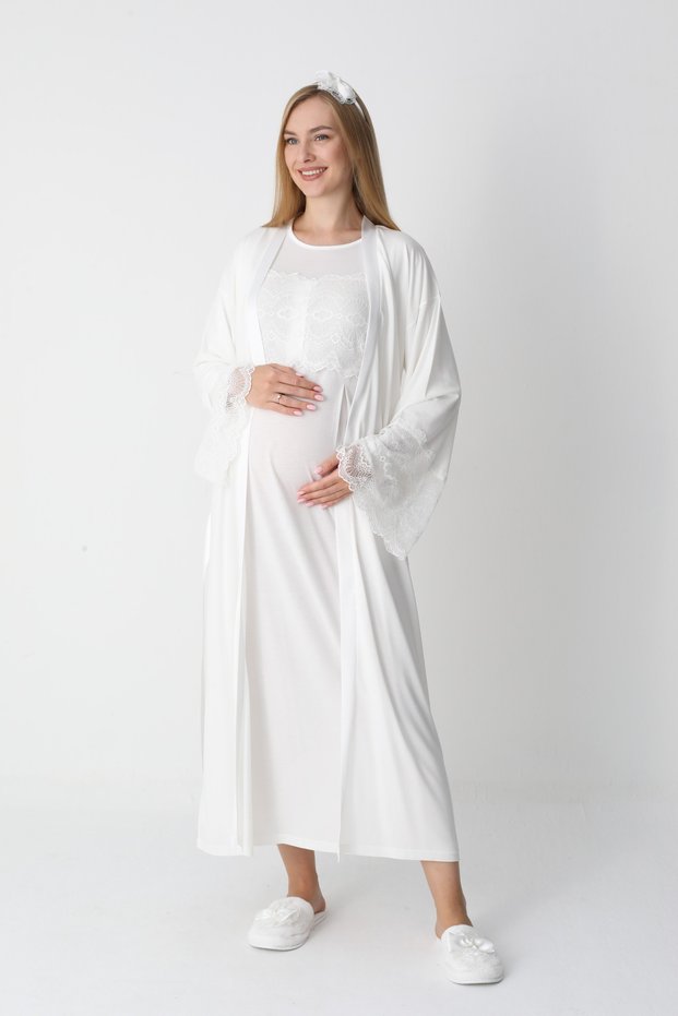 Women's Ecru Special Lace Detailed Full Length Design Winter Long Sleeve Maternity Dressing Gown Nightgown Set