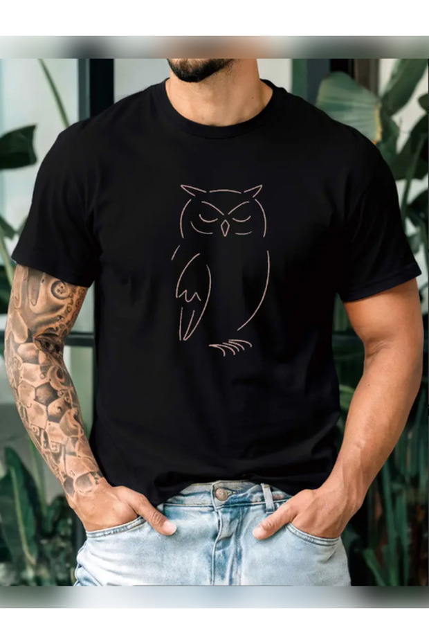 Unisex Oversized Owl Printed Cotton Crew Neck Short Sleeve Black T-Shirt