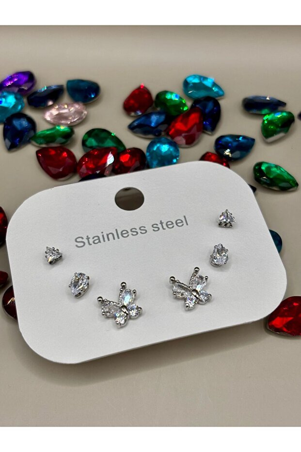 Steel Silver Color Butterfly Single Stone Combination Earrings