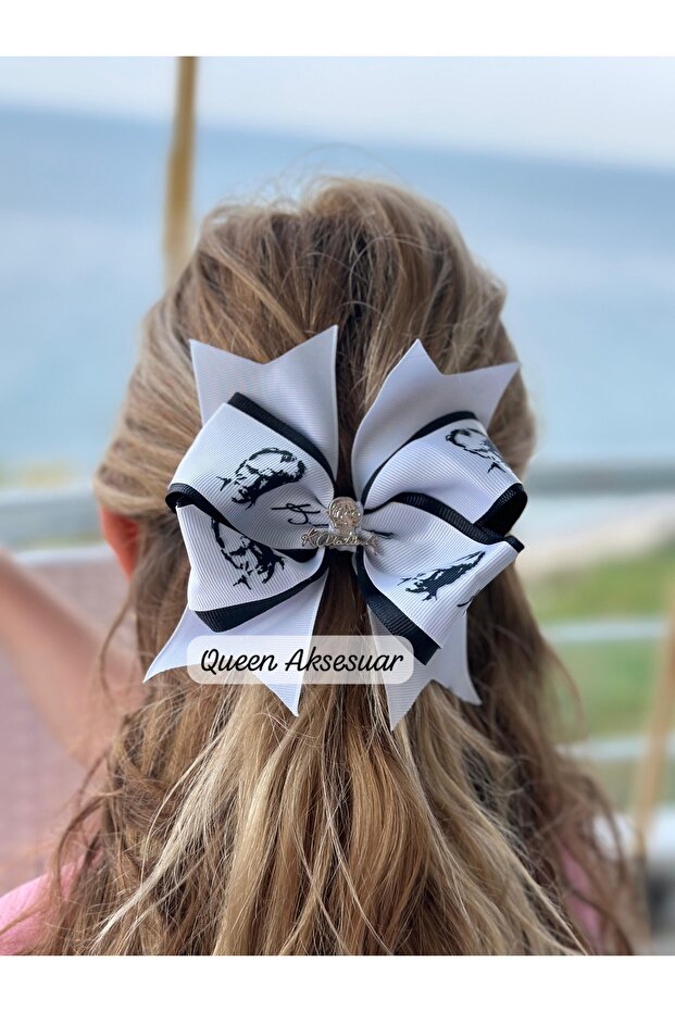 Ataturk Patterned Black and White Satin Bow Ribbon Automatic Clip School Brooch with Stone Moon Star Brooch