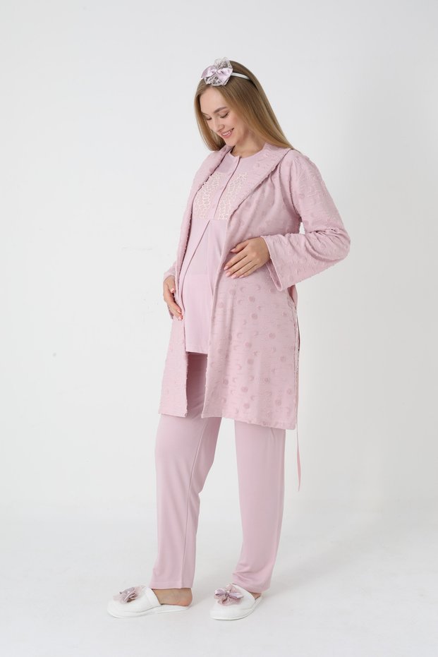 Powder Jacquard Shawl Collar Special Design Winter Long Sleeve 100% Cotton Maternity Dressing Gown Pajamas Set 3-Pieceset