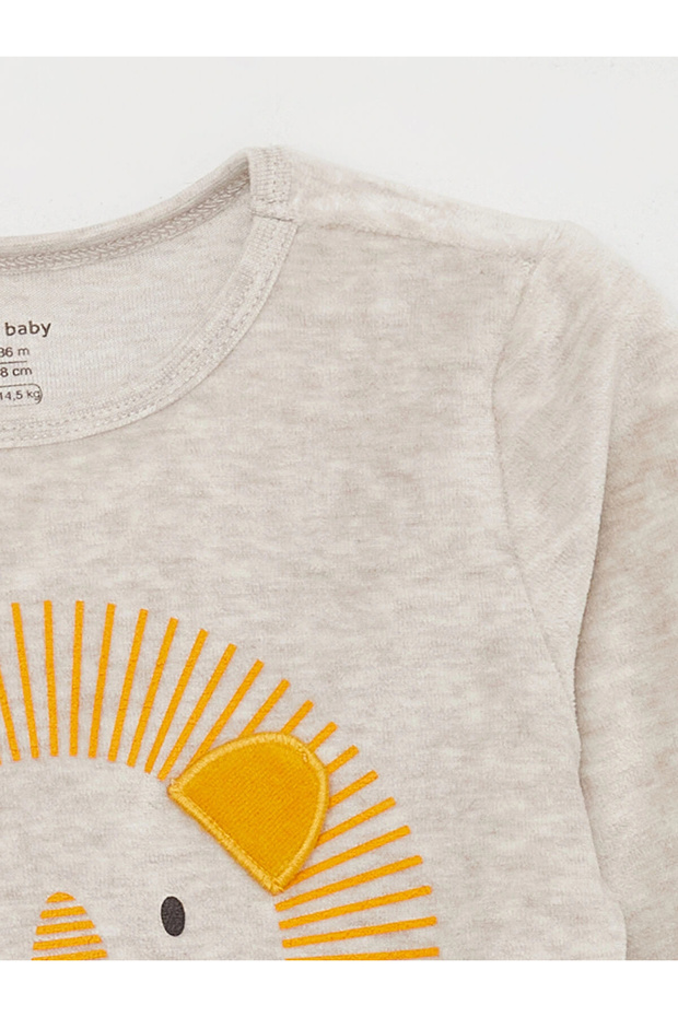 LCW baby Ekru Bisiklet Yaka Baskılı Kadife Erkek Bebek Pijama Takımı - 3