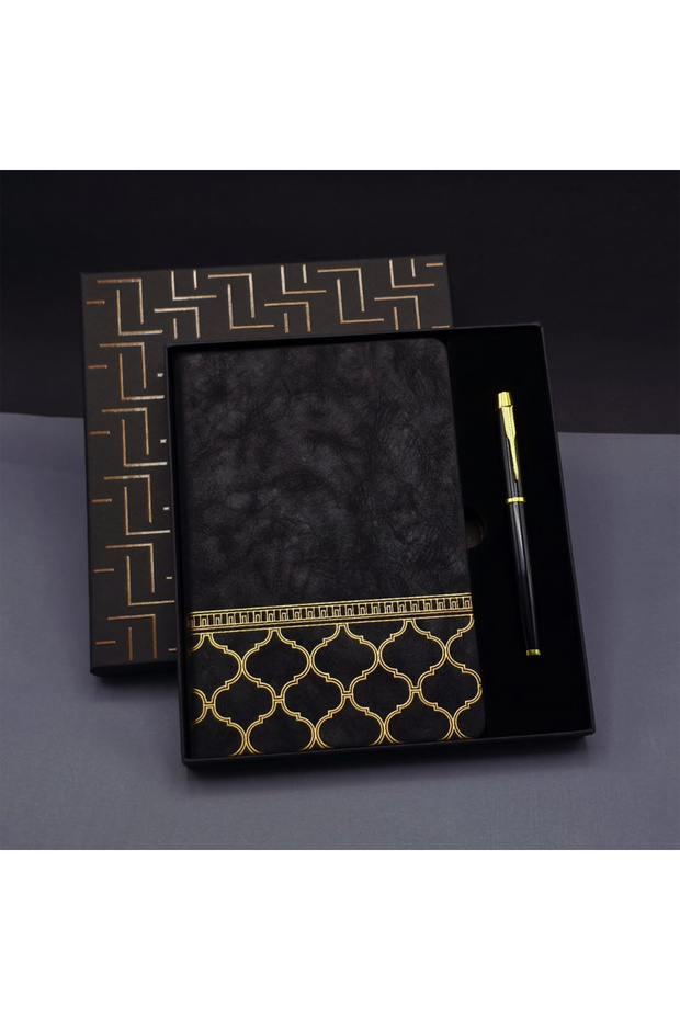 Gold Pattern Black Leather Notebook Pen Set