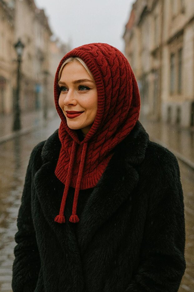 Burgundy Halter Neck Knitted Patterned Knitwear Women's Beanie
