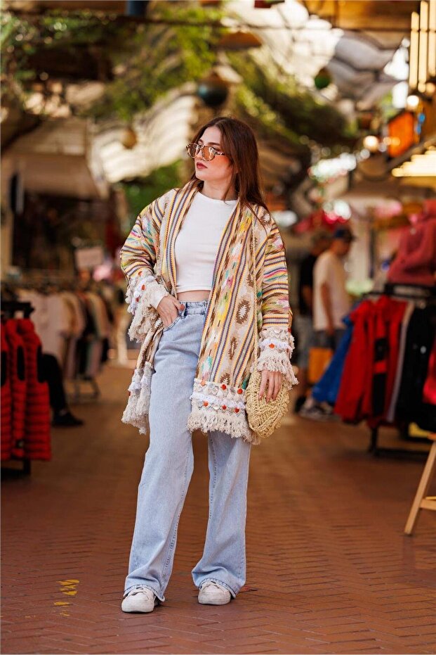 Cream Color Sequin Detailed Tasseled Ethnic Patterned Bohemian Long Jacket