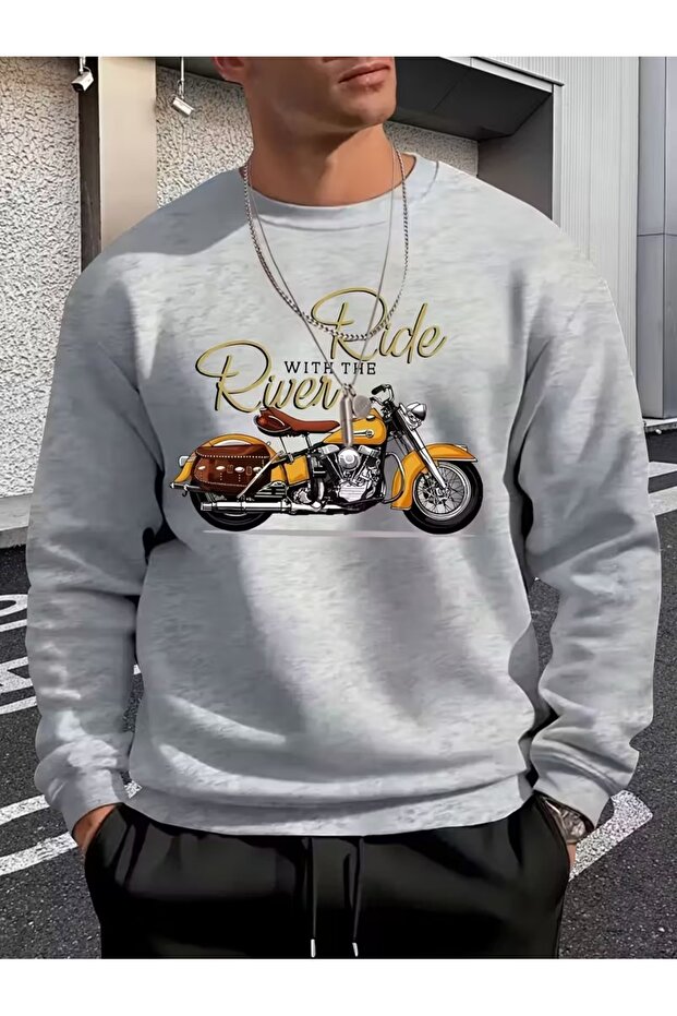 Men's Relaxed Fit Two Thread Sweatshirt Motorcycle Ba Printed Celebrity Street Fashion Style