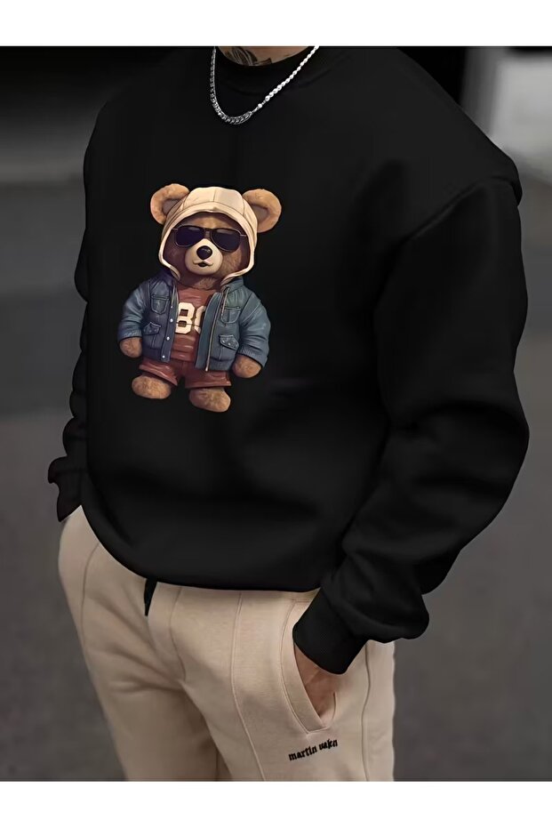 Men's Relaxed Fit Two Thread Sweatshirt Hooded Bear Ba Printed Okak Fashion Casual Style