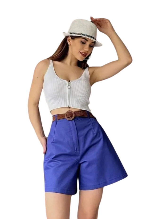 Comfortable Fit Belted Mom Shorts - Blue