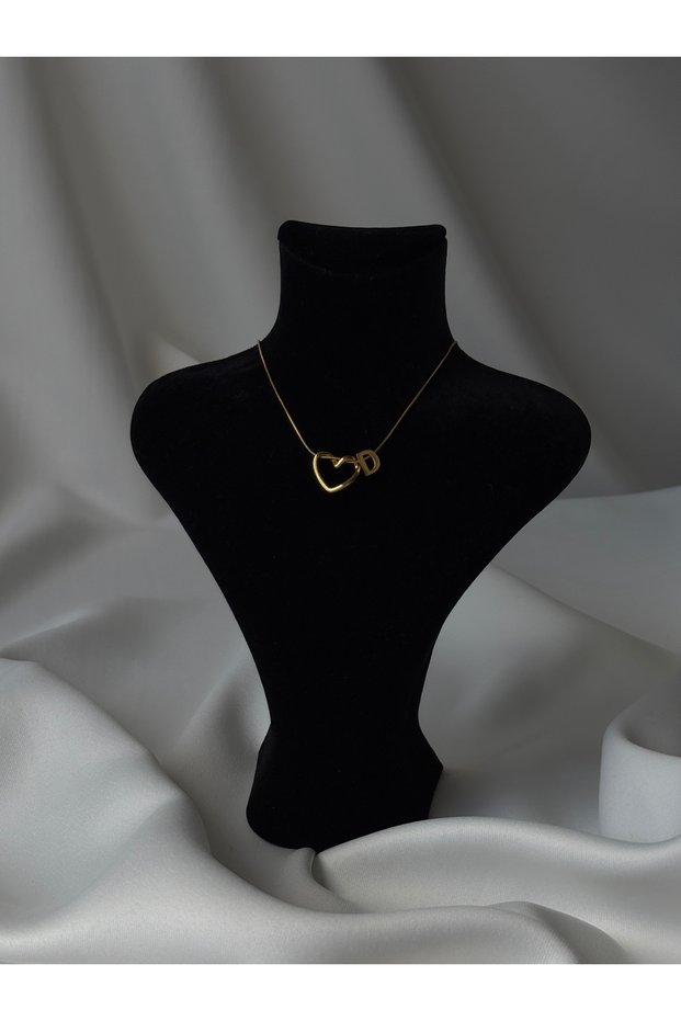Heart Detailed Gold Color Steel Letter Necklace