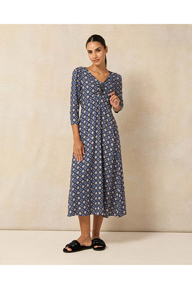 Women Navy Allover Print A Line Midi Dress