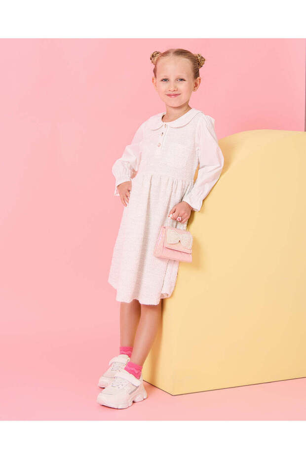 Girls White Printed Tweed Dress