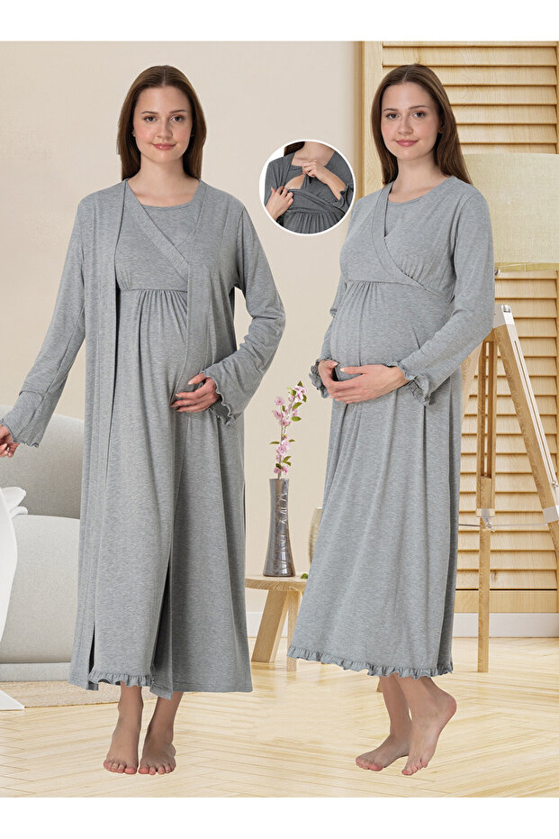 Dvina Maternity Dressing Gown and Long Sleeve Nightgown with Nursing Support - Set of 2 - Gray