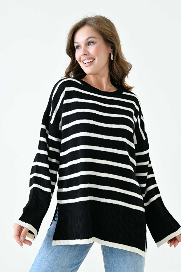 Long Sleeve Crew Neck Striped Black Oversized Knitwear Sweater