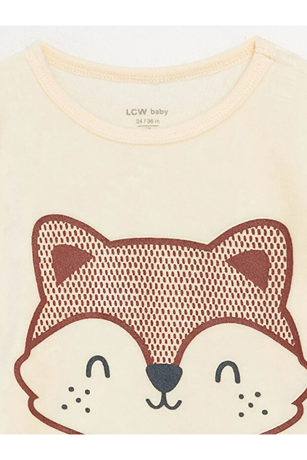 LCW baby Ekru Bisiklet Yaka Uzun Kollu Baskılı Kadife Erkek Bebek Pijama Takımı - 6