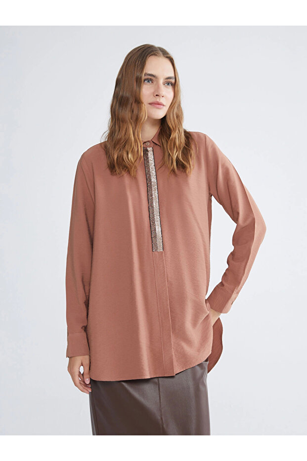 Lcwaikiki Women's Classic Brown Textured Shirt Tunic