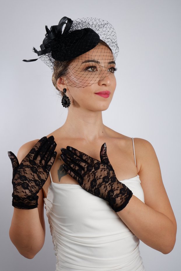 Black Long Lace Bridal Gloves Wedding Marriage Accessory Fascinator Hat Set