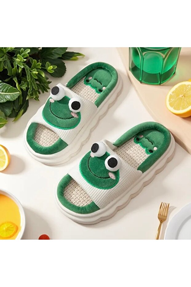 Children's House Slippers with Green Frog Figure