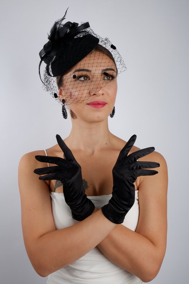 Black Satin Tulle Long Bridal Gloves Wedding Marriage Accessory Fascinator Hat Set