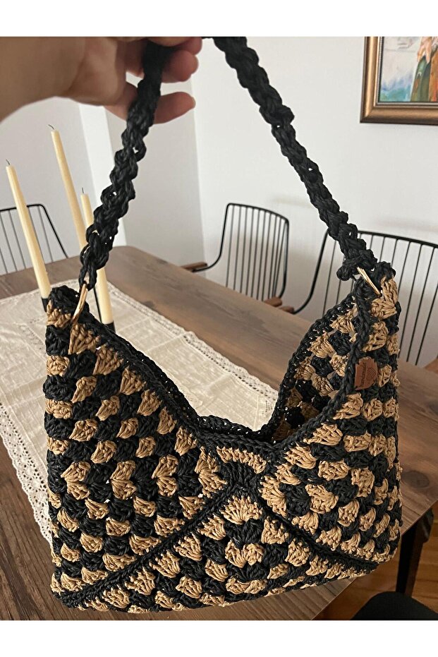 KAĞIT İPTEN EL ÖRMESİ KOL ÇANTASI, BOHEM STİL,BASIC - 3