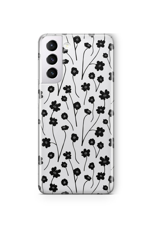 Samsung Galaxy S22 Compatible Black Floral Pattern Transparent Phone Case