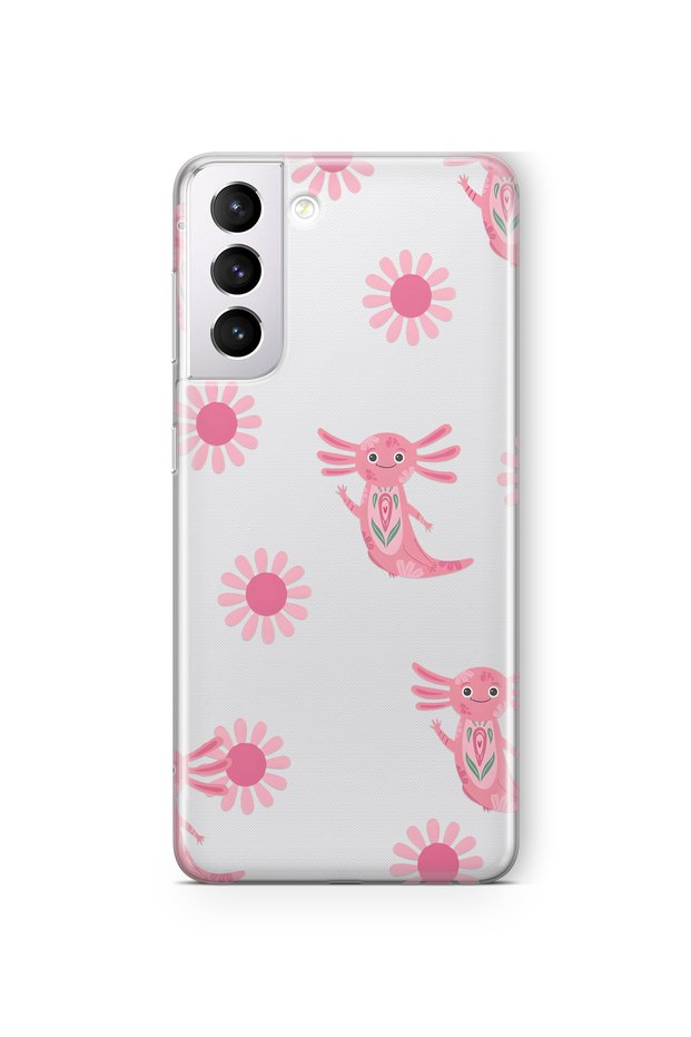 Samsung Galaxy S22 Compatible Pink Axolotl Patterned Transparent Phone Case