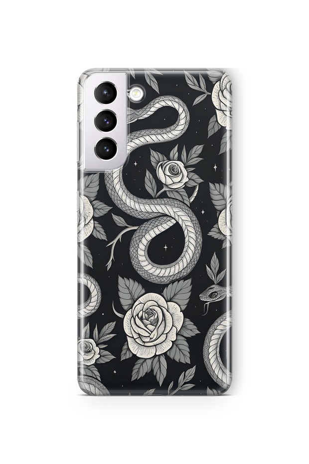Samsung Galaxy S22 Compatible Black Rose and Snake Pattern Transparent Phone Case