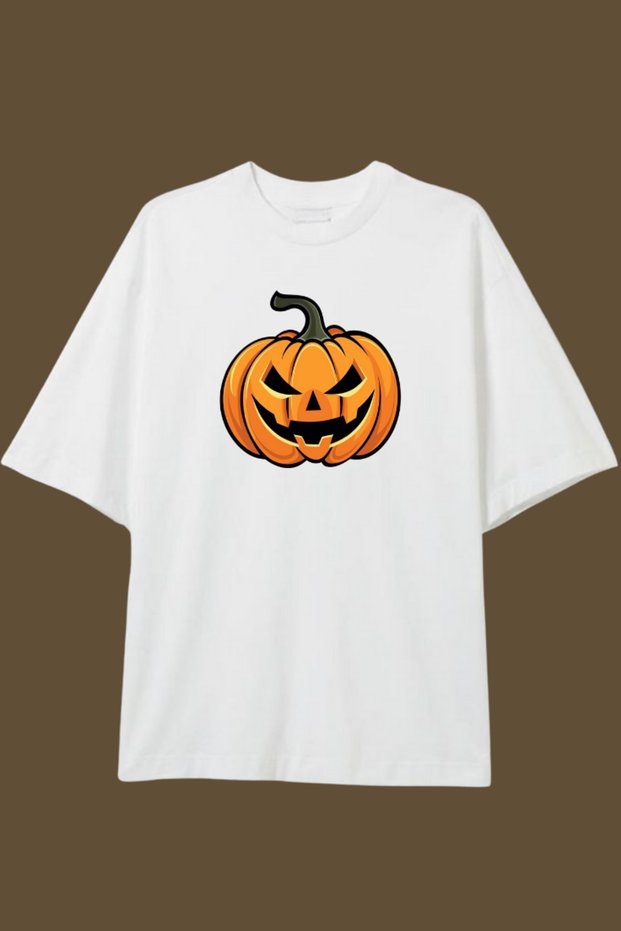 Pumpkin Printed Oversized White T-Shirt