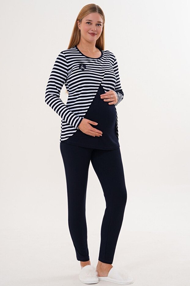 Mecit 6303 Navy Blue Stretch Fabric Sports Maternity Pajama Set