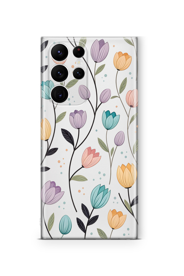 Samsung Galaxy S25 Ultra Compatible Tulip Flower Pattern Transparent Phone Case
