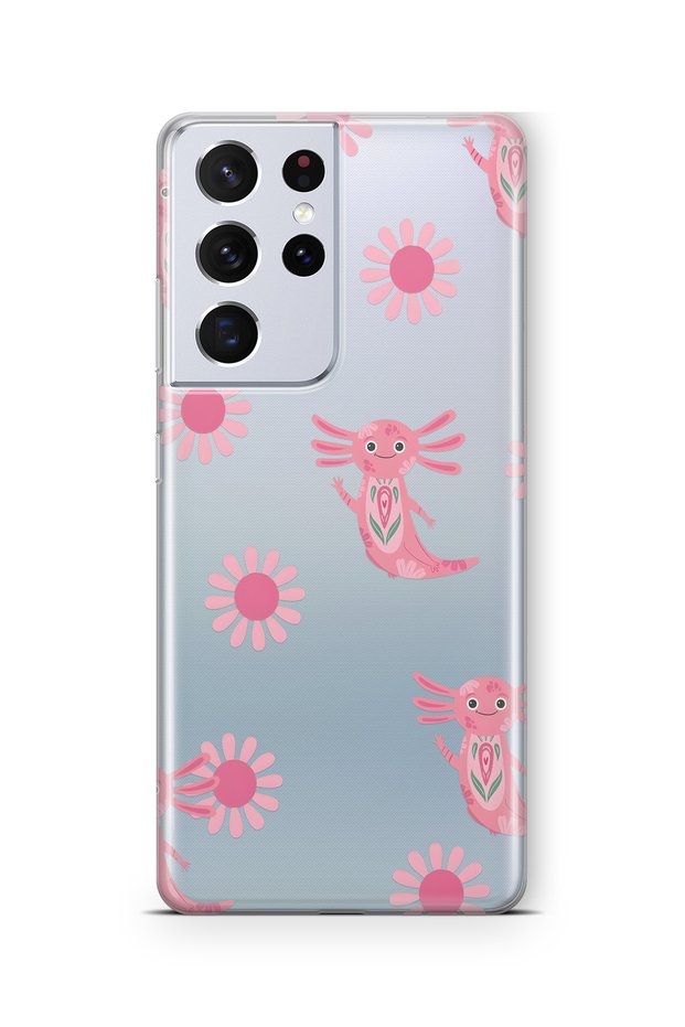 Samsung Galaxy S21 Ultra Compatible Pink Axolotl Patterned Transparent Phone Case