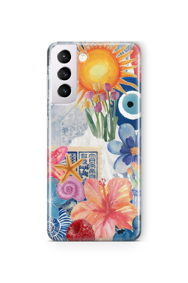 Samsung Galaxy S22 Compatible Transparent Phone Case with Sunflowers and Evil Eye Pattern