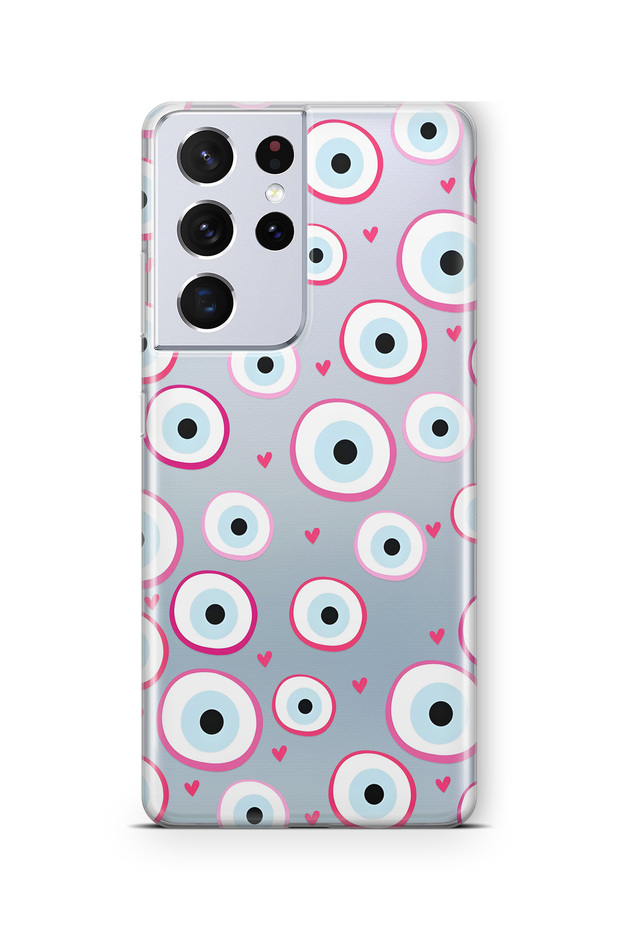 Samsung Galaxy S21 Ultra Compatible Pink Evil Eye Bead Patterned Transparent Phone Case
