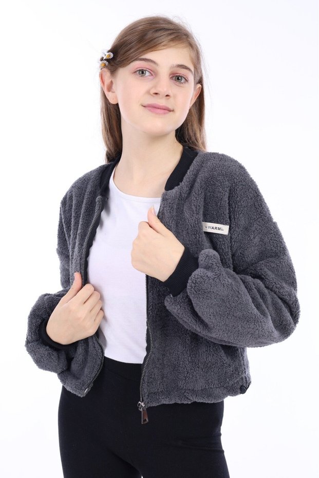 Smoked Girl's College Collar Zippered Off-Shoulder Printed Plush Cardigan - Adjustable Elastic Waist