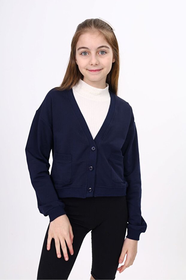 Navy Blue Girls' V-Neck Buttoned Off-Shoulder Knitted School Cardigan - 2 Thread