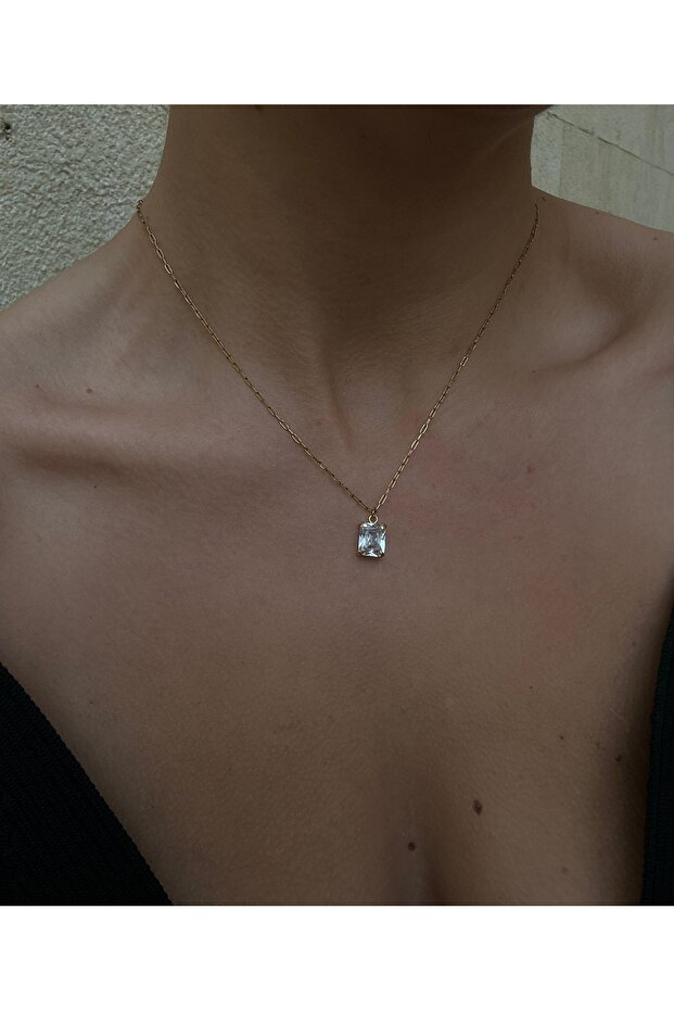 Çelik Zincir Tek Taş Baget Kolye - 3