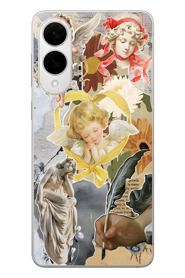 Samsung Galaxy S25 Edge Compatible Transparent Phone Case with Angels and Sculpture Collage Pattern