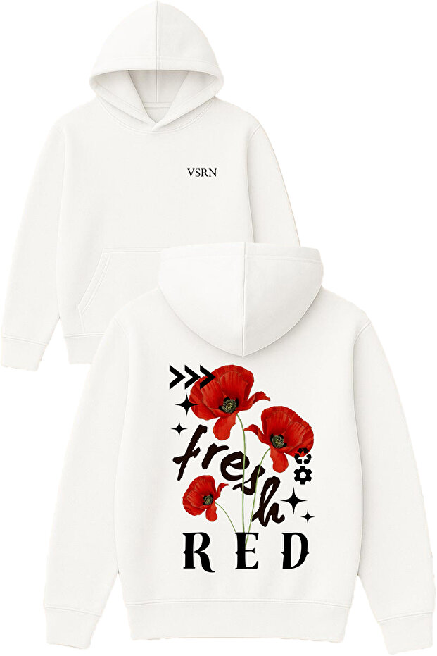 Fresh Red Design Printed Oversized White Hooded Sweatshirt