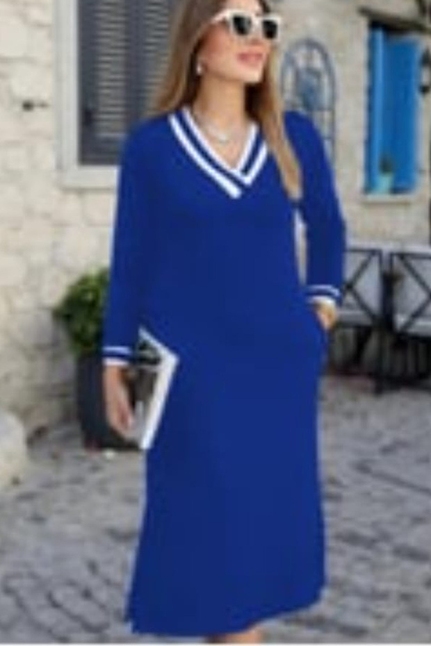 V Yaka Yanları Yırtmaçlı Elbise - 4