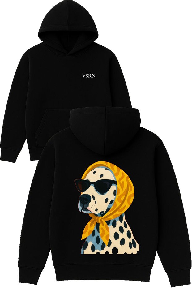 Charisma Dog Design Printed Oversized Black Hooded Sweatshirt