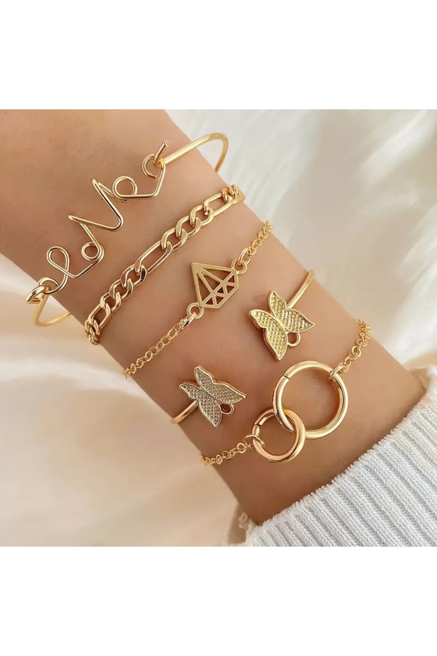 Women's Gold Color 5-Piece Elegant Bracelet Set Butterfly Love 0332