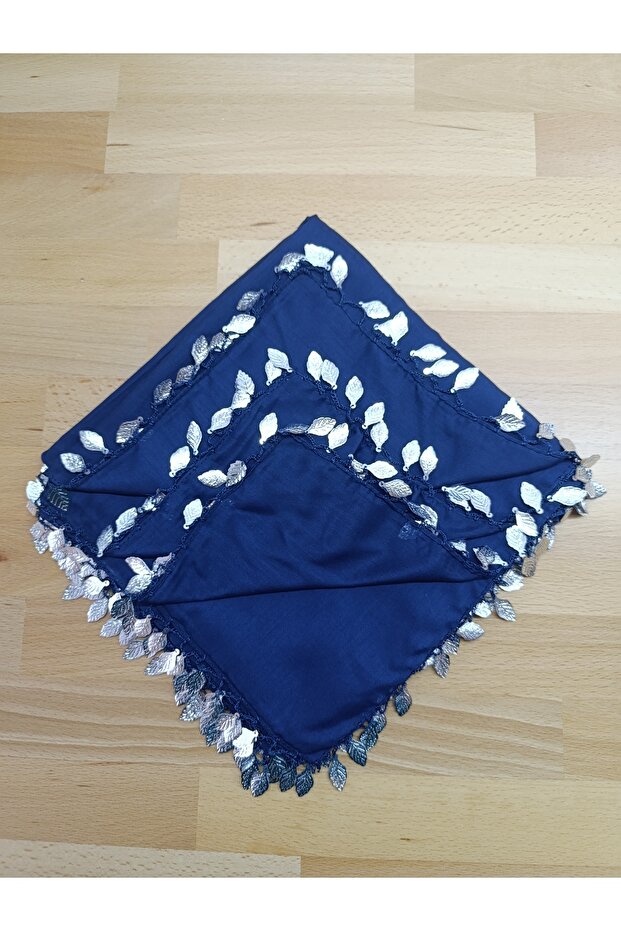 Leaf Sequin Navy Blue Headscarf Writing Scarf Prayer Cloth