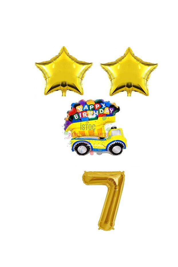 İstoç Gold Star Happy Birthday Written Number Foil Car Balloon Set Age 7