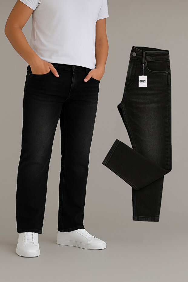 Gussi Erkek Siyah Taşlamalı Regular Boru Paça Esnek Likralı Denim Jeans Kot Pantolon