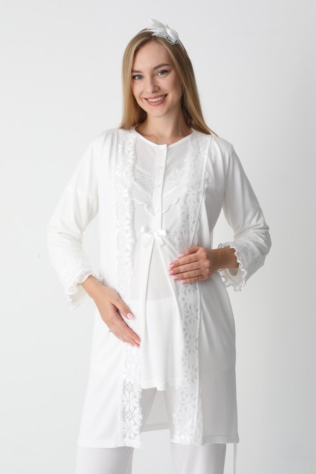 Women's Ecru Special Design Lace Detailed Winter Long Sleeve Maternity Pajama Set
