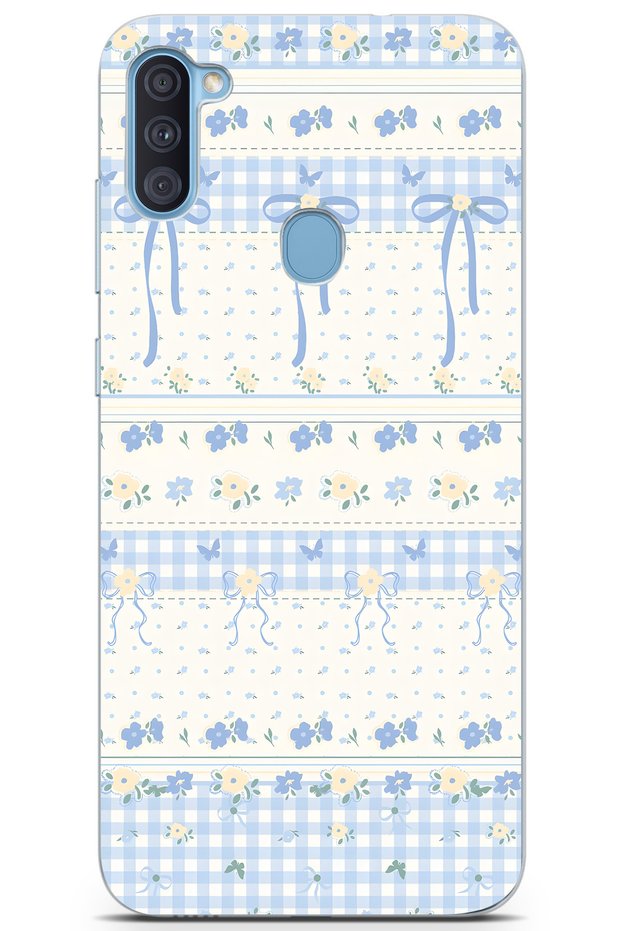 Samsung Galaxy A11 / M11 Compatible Blue Bow and Flower Pattern Transparent Phone Case