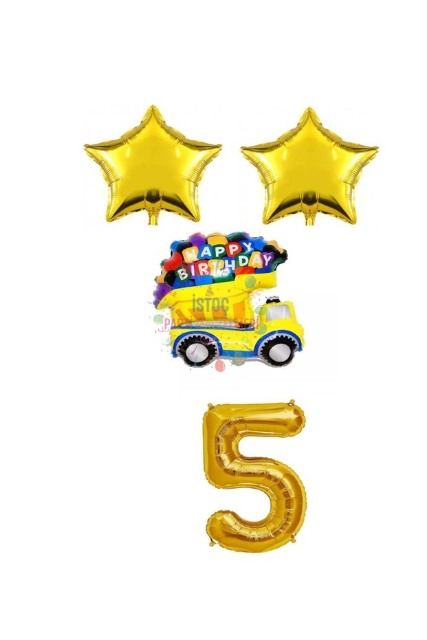 İstoç Gold Star Happy Birthday Written Number Foil Car Balloon Set Age 5