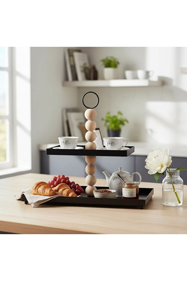 Double rectangular serving platter with wooden line - 1