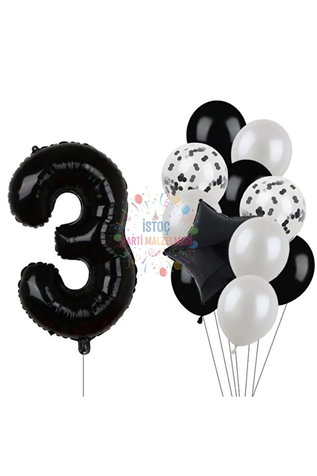Black Number Star Foil and Latex Balloon Set Age 3